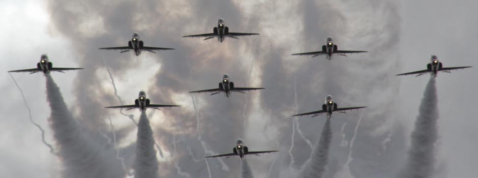 the Red Arrows display team flying in formation